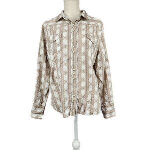 Roper Pearl Snap Western Shirt Women's XL Cream Tan Yellow Floral Stripe Raw Hem